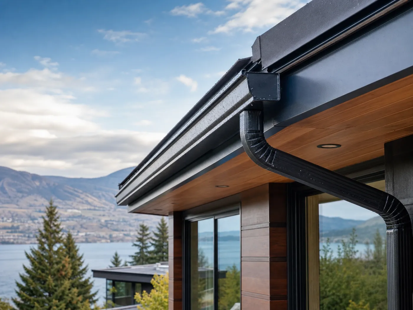 Freshly cleaned gutters on a contemporary Okanagan home